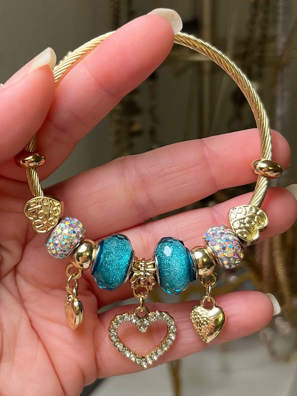 Gold Tone Bejeweled Turquoise Heart Charm Bracelet
